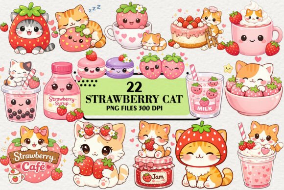 Download Kawaii Strawberry Cat Clipart Bundle - Clip Collection