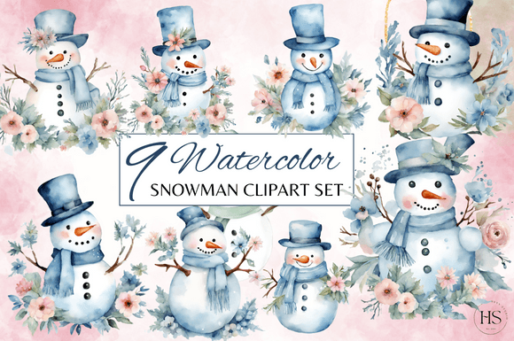 Download Blue Floral Watercolor Snowman Clipart - Clip Collection