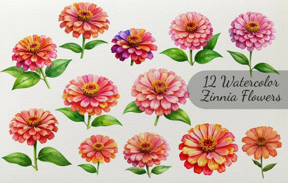 Download 12 Watercolor Zinnia Flowers - Premium Resources