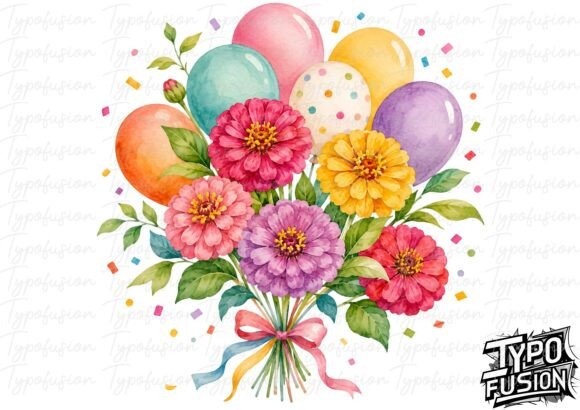 Download Zinnia Balloon Bouquet Watercolor PNG - Premium Bundle